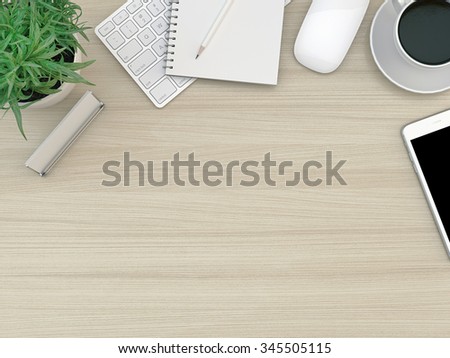 Wood office desk table with computer, smartphone, supplies and coffee cup. Top view with copy space