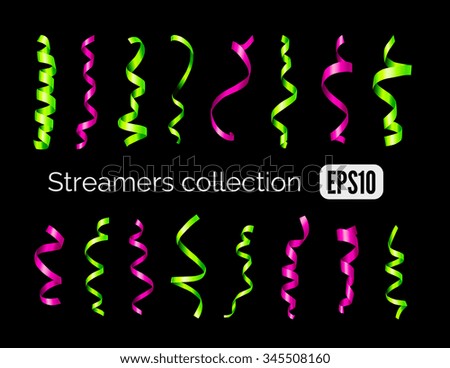 Party collection of green shiny decoration streamers and pink curling party ribbons isolated on black background
