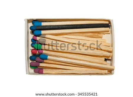 Matches with colored heads in a matchbox close-up isolated on white background