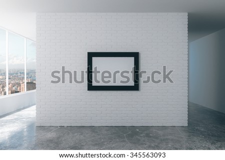 Blank picture frame on white brick wall in empty loft room, mock up 3D Render