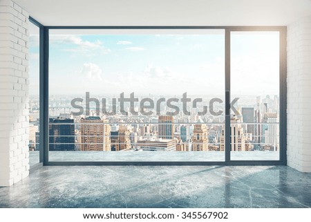 Empty loft style room with concrete floor and city view 3D Render Royalty-Free Stock Photo #345567902