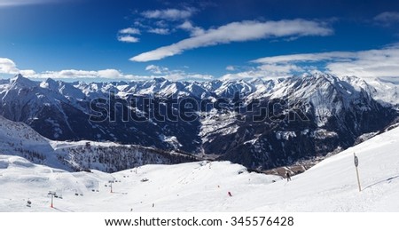 Beautiful alpine mountain range winter panoramic photo. Ski resort in austrian Alps, view at the Grossglockner mountain in Austria