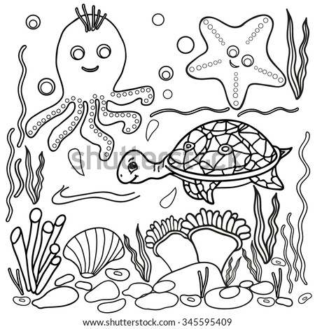  Coloring  book.  Hand drawn. Adults, children. Sea animals. Black and white. 