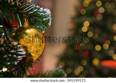 Christmas tree with decoration, detail Christmas tree with bokeh