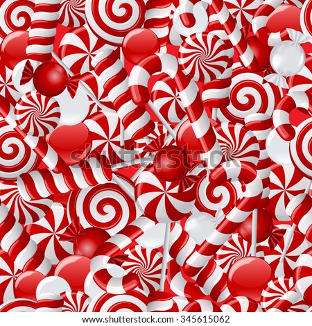 Background with different red and white candies. Seamless pattern. 