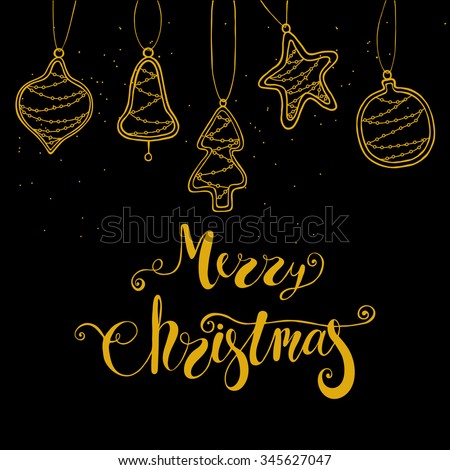 Merry Christmas black and gold greeting card with decorative toys. New year tree decoration.  Merry Christmas greeting card template.