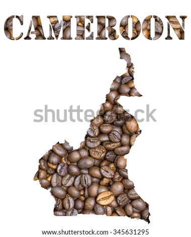 Roasted brown coffee beans background with the shape of the word Cameroon and the country geographical map outline. Image isolated on a white background.