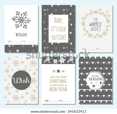set of 6 Christmas Greeting Cards with holly jolly. Merry Christmas lettering. Template for New 2016 Year Cards, Scrapbooking, Stickers, Planner, Invitations.