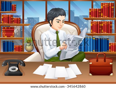 Businessman reading papers in the office illustration