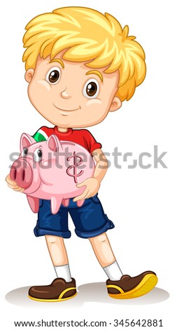 Little boy holding piggy bank illustration
