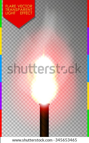 Red flare on transparent background. Ultras burning fusee special light effect. Torch fire with smoke and sparks. Vector.