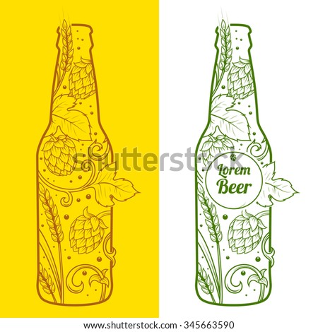 Beer bottle abstract ornament vector illustration. Engraving style
