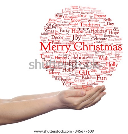 Concept conceptual Merry Christmas holiday or Happy New Year winter abstract text in hands word cloud on white  background, metaphor to celebration, Santa, festive, december, love, family, joy or home
