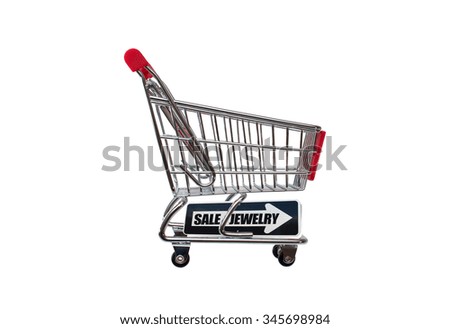 Sale Jewelry directional arrow on empty shopping cart isolated on white background