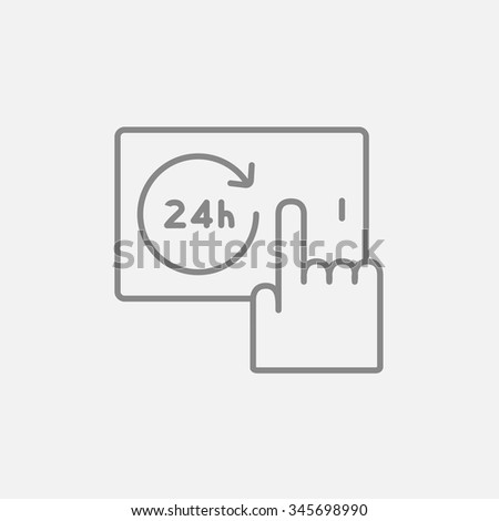 Finger touching 24 hours service button on a touchscreen line icon for web, mobile and infographics. Vector dark grey icon isolated on light grey background.