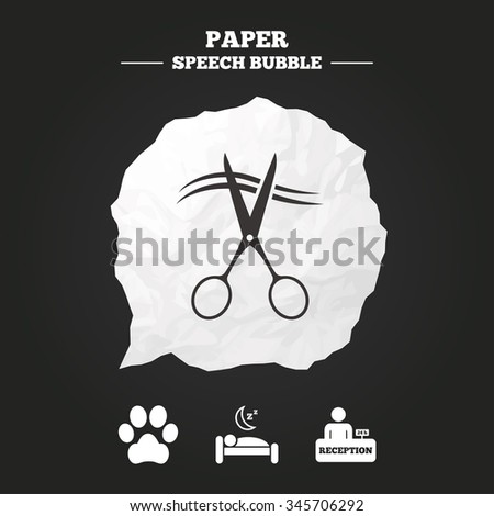 Hotel services icons. With pets allowed in room signs. Hairdresser or barbershop symbol. Reception registration table. Quiet sleep. Paper speech bubble with icon.