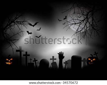 Zombies hand emerging out of the ground in a graveyard