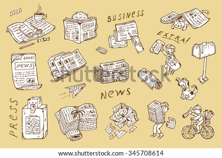 Press.  Newspaper vector icons. Newspapers set: stacks and rolls of newspapers, postman, paperboys, pets with newspapers, newspaper vending machine, mailbox - Hand Drawn Doodles illustration