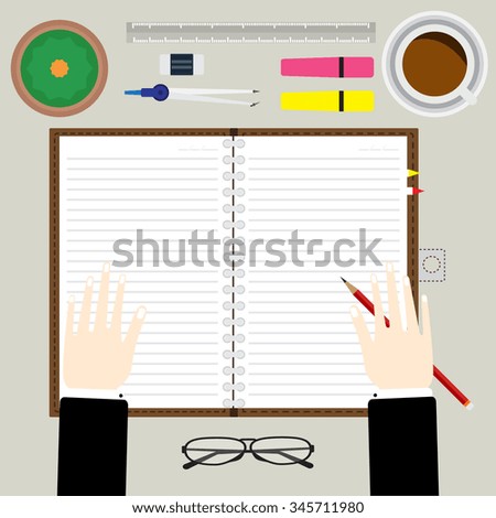 Top view of hand hold a pencil on notebook for writing a memo with coffee and office equipment. vector illustration business concept design.