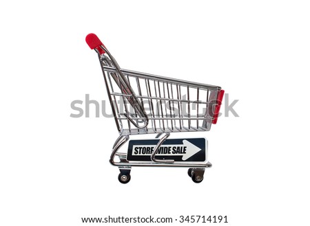 Storewide Sale directional arrow on empty shopping cart isolated on white background