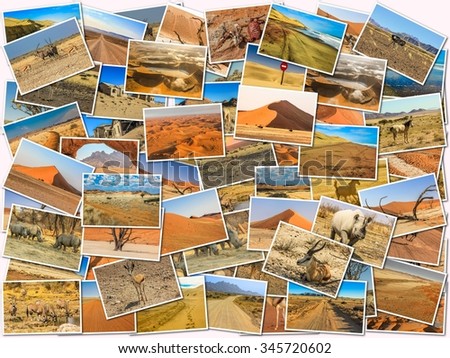 Namibia pictures collage of different locations landmark of Namibia including Etosha, Namib-Naukluft, Sperrgebiet, Skeleton Coast, Sandwich Harbour, Kalahari Desert in Africa.