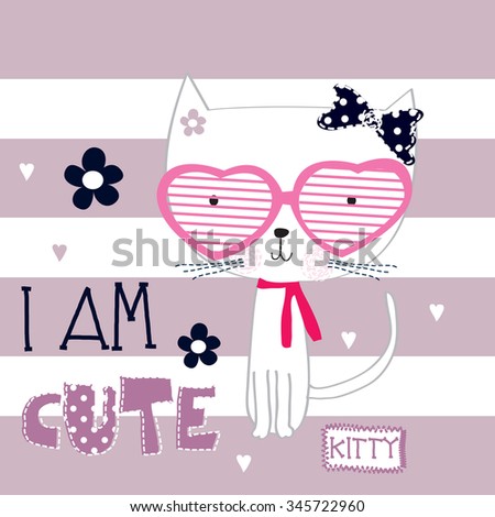 cute cat with glasses on striped background, T-shirt design vector illustration