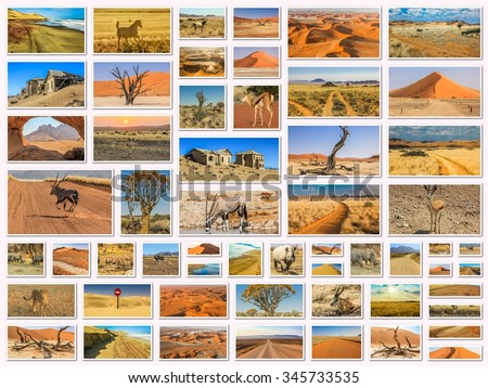 Namibia pictures collage of different locations landmark of Namibia including Etosha, Namib-Naukluft, Sperrgebiet, Skeleton Coast, Sandwich Harbour, Kalahari Desert in Africa.