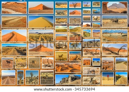 Namibia pictures collage of different locations landmark of Namibia including Etosha, Namib-Naukluft, Sperrgebiet, Skeleton Coast, Sandwich Harbour, Kalahari Desert in Africa on desert background.
