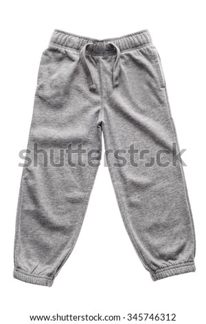 Gray children's sweatpants with ties isolated on the white Royalty-Free Stock Photo #345746312