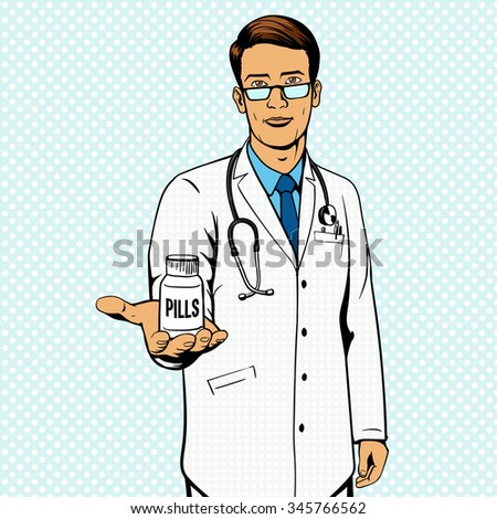 Doctor holding vial with pills pop art vector illustration. Comic book imitation.
