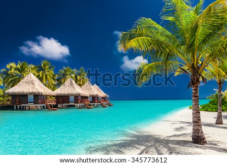 Over water bungalows on a tropical island with palm trees and amazing vibrant beach Royalty-Free Stock Photo #345773612