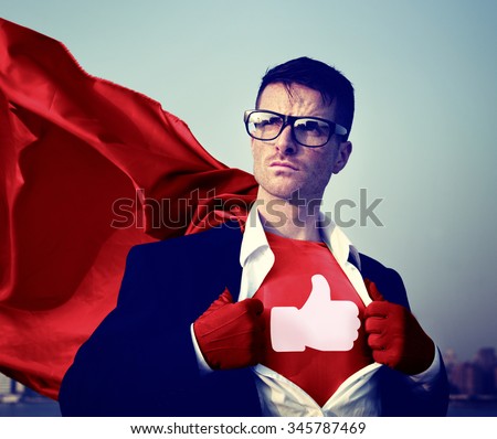Like Share Facebook Hero Appreciate Superman Red Cape Presenter Concept Royalty-Free Stock Photo #345787469