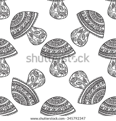 Seamless floral pattern mushrooms grow. Black and white graphics, painted by hand. For the design and decoration background, wallpaper, packaging, fabrics, textiles.