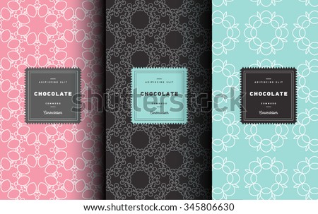 Vector set of design elements pattern for chocolate and cocoa packaging - labels and background, wallpaper in trendy  linear style. Pattern for cafe, sweet-shop, pastry shop Royalty-Free Stock Photo #345806630