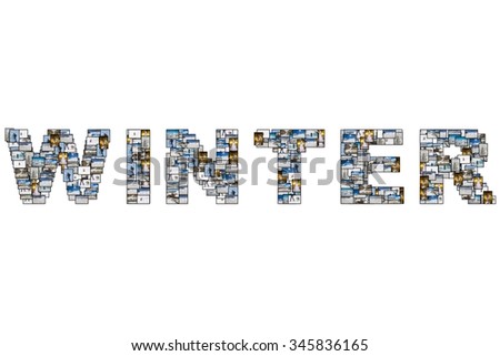 Collage pictures of glaciers, individual sports, transportation, objects and activities related to winter holidays isolated on white background.