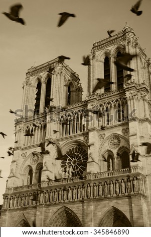 Notre Dame cathedral at sunset and flying (blurred) black birds in the sky (Paris, France). Soul metaphor. Sepia historic photo.