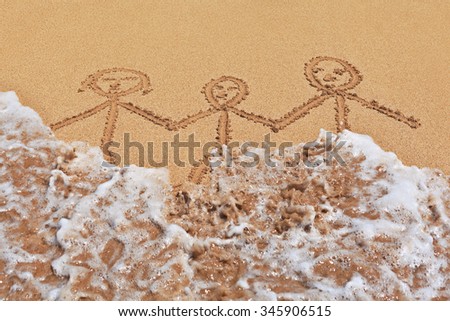 Parents with baby - background picture of happy family on sand sea beach with wave. Travel lifestyle, people recreation and swimming activity on summer vacation with child on tropical island resort.