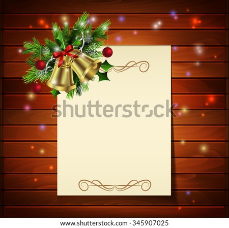 Christmas background with paper ribbon gold bells and lights on a dark wood wall and decorations