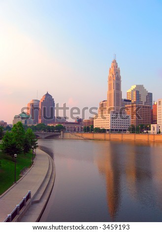 Evening view of downtown Columbus, Ohio and the Scioto River.