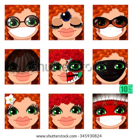 vector Set avatars icons smiley ClipArt Girl faces wavy curly dirty REDHEAD, GREEN EYES Emotions Expressions Web Blog Graphics Profile Picture Red Pack 