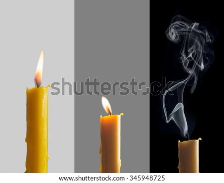 Three phases of the same candle. A candle that is consumed and slowly fading at the symbolic backgrounds.