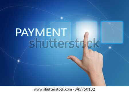 Payment - hand pressing button on interface with blue background.