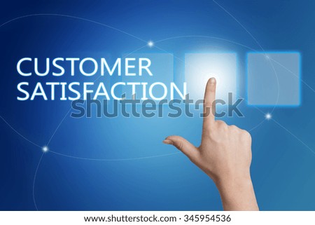 Customer Satisfaction - hand pressing button on interface with blue background.