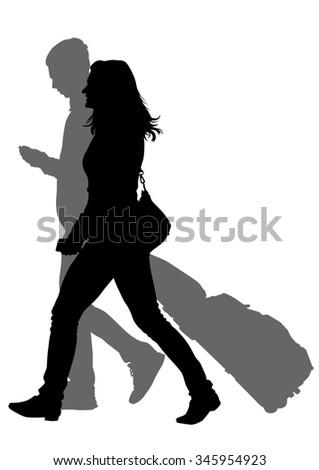 Crowds of people whit travel suitcases on white background