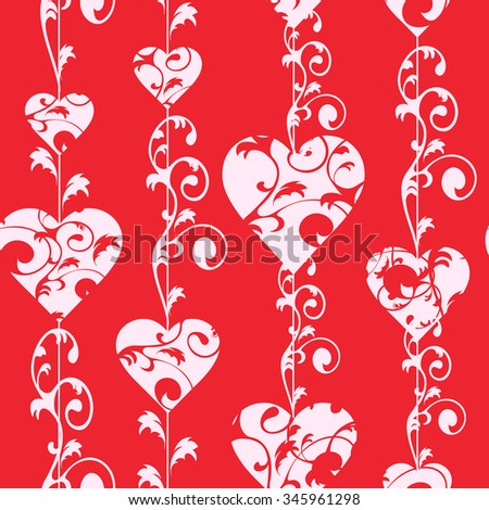 Love seamless pattern. White hearts and swirls on red background