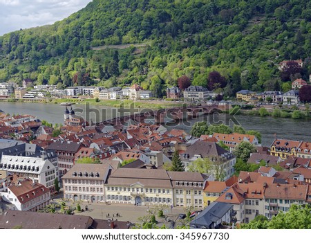 Overlook from the Heidelberg Castle ruins of the old city and the medieval bridge across the River Neckar in Baden-Wurttemberg, Germany