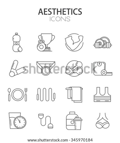 Vector modern thin line flat design of icons set. Fitness and bodybuilding, sport outline infographic collection