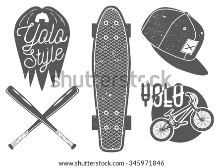 Vector set of vintage sport labels, emblems and logo. Yolo lettering and typography. Design elements skateboard, baseball bat, rap cap, bicycle, 