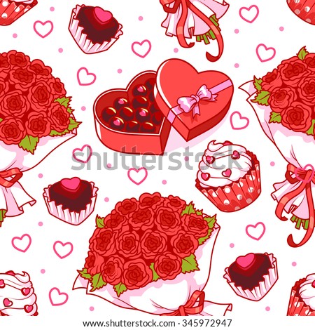 Seamless pattern for Valentine's Day with a bouquet of red roses, muffin  and a box of chocolates. Box of chocolates in a heart shape. Vector clip-art illustration on a white background.