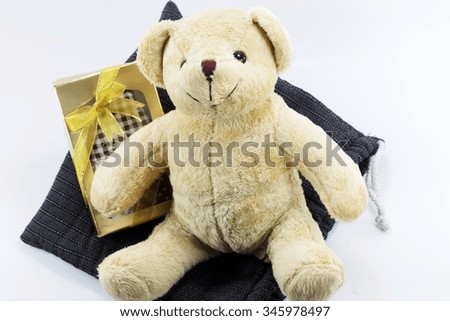 Cute bear doll with gift on cloth for background 